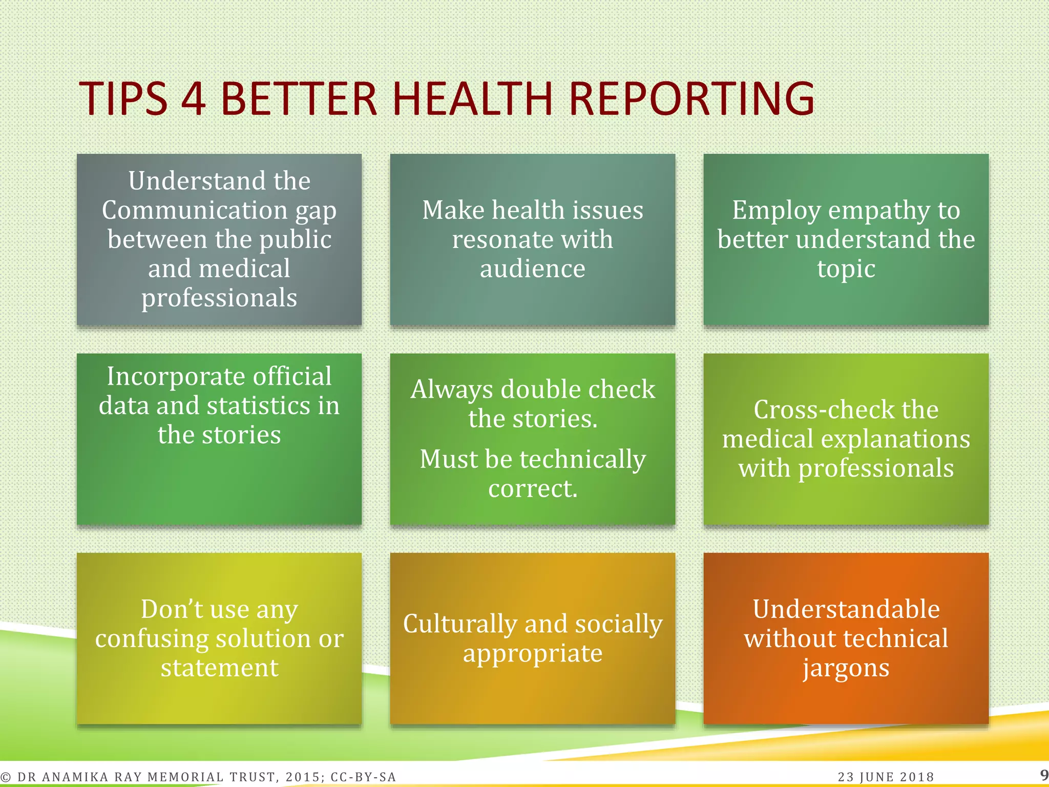 TIPS 4 BETTER HEALTH REPORTING
Understand the
Communication gap
between the public
and medical
professionals
Make health issues
resonate with
audience
Employ empathy to
better understand the
topic
Incorporate official
data and statistics in
the stories
Always double check
the stories.
Must be technically
correct.
Cross-check the
medical explanations
with professionals
Don’t use any
confusing solution or
statement
Culturally and socially
appropriate
Understandable
without technical
jargons
23 JUNE 2018© DR ANAMIKA RAY MEMORIAL TRUST, 2015; CC -BY-SA 9
 