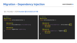 @Slf4j
public	class	LogExaple {
}
//	Java
@Controller
public	class ArticleController {
@Autowired
private	ArticleService articleService;
@Autowired
private	TagService tagService;
}
@Slf4j
public	class	LogExaple {
}
//	Kotlin
@Controller
class ArticleController {
@Autowired
private	var articleService :	ArticleService?	
=	null
@Autowired
private	var tagService :	TagService?	
=	null
}
 