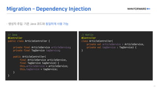 @Slf4j
public	class	LogExaple {
}
//	Java
@Controller
public	class ArticleController {
private	final ArticleService articleService;
private	final TagService tagService;
public ArticleController(
final ArticleService articleService,
final TagService tagService)	{
this.articleService =	articleService;
this.tagService =	tagService;
}
}
@Slf4j
public	class	LogExaple {
}
//	Kotlin
@Controller
class ArticleController(
private	val articleService :	ArticleService,
private	val tagService :	TagService)	{
}
 