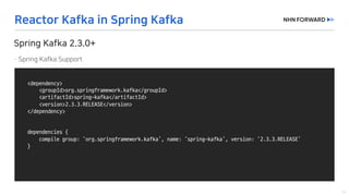 <dependency>
<groupId>org.springframework.kafka</groupId>
<artifactId>spring-kafka</artifactId>
<version>2.3.3.RELEASE</version>
</dependency>
dependencies	{
compile	group:	‘org.springframework.kafka’,	name:	‘spring-kafka’,	version:	‘2.3.3.RELEASE’
}
 