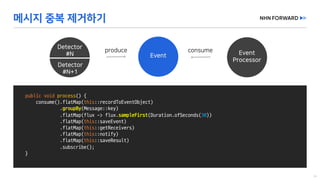 public void process()	{
consume().flatMap(this::recordToEventObject)
.groupBy(Message::key)
.flatMap(flux	->	flux.sampleFirst(Duration.ofSeconds(30))
.flatMap(this::saveEvent)
.flatMap(this::getReceivers)
.flatMap(this::notify)
.flatMap(this::saveResult)
.subscribe();
}
 