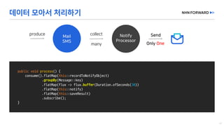 public void process()	{
consume().flatMap(this::recordToNotifyObject)
.groupBy(Message::key)
.flatMap(flux	->	flux.buffer(Duration.ofSeconds(30))
.flatMap(this::notify)
.flatMap(this::saveResult)
.subscribe();
}
 