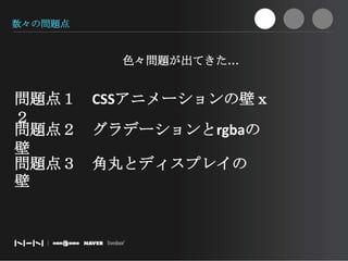 数々の問題点色々問題が出てきた…問題点１　CSSアニメーションの壁ｘ２問題点２　グラデーションとrgbaの壁問題点３　角丸とディスプレイの壁