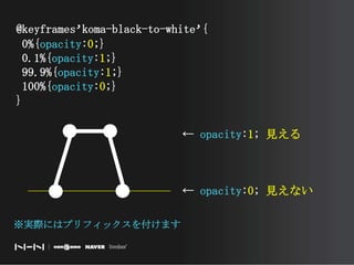 @keyframes’koma-black-to-white’{ 0%{opacity:0;} 0.1%{opacity:1;} 99.9%{opacity:1;} 100%{opacity:0;}}← opacity:1; 見える← opacity:0; 見えない※実際にはプリフィックスを付けます