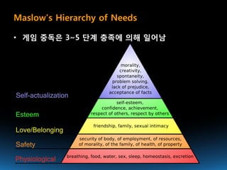Maslow’s Hierarchy of Needs

• 게임 중독은 3~5 단계 충족에 의해 일어남
 