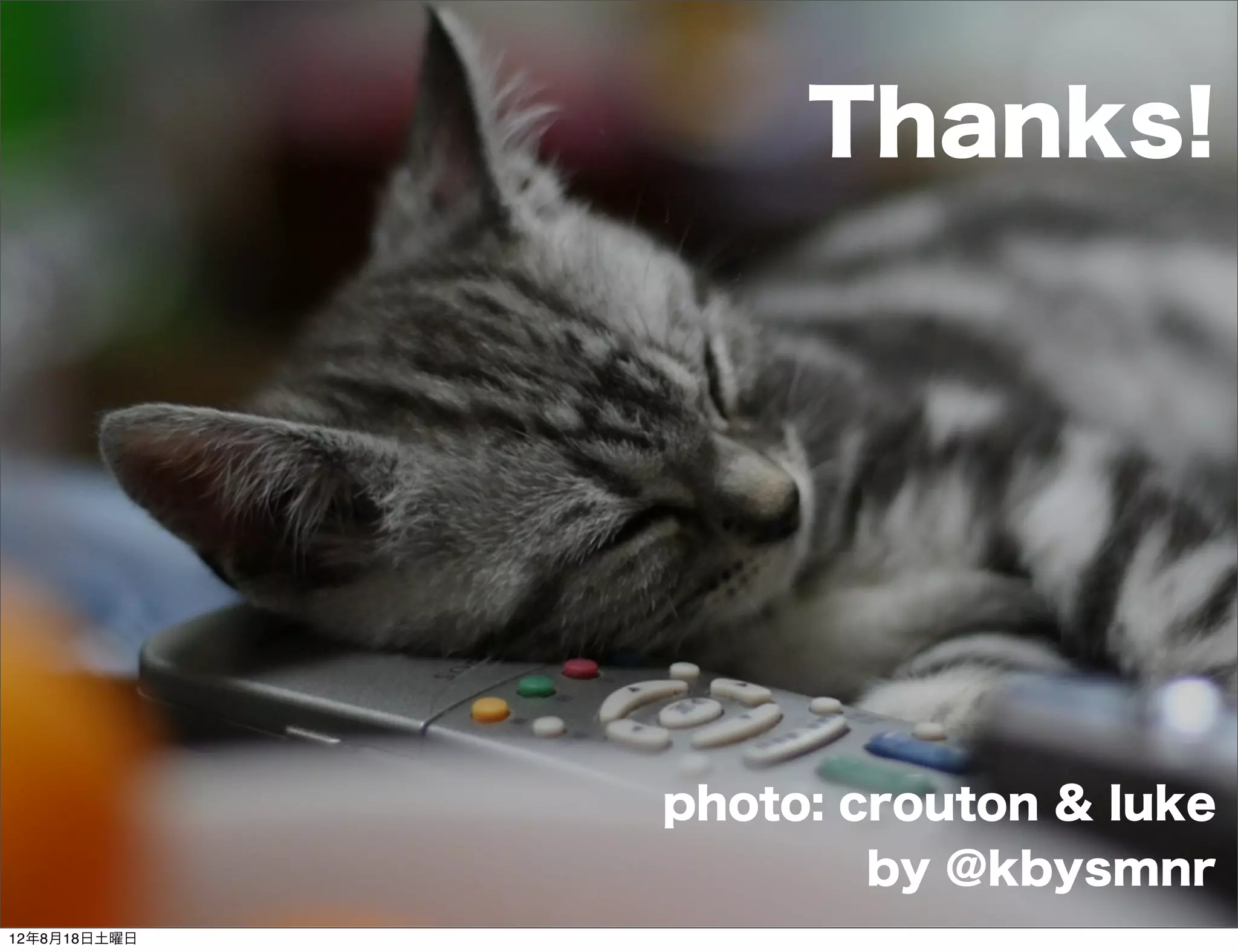 Thanks!




              photo: crouton & luke
                      by @kbysmnr
12年8月18日土曜日
 