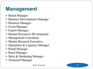 Management
 Brand Manager
 Business Development Manager
 Business Manager
 Event Manager
 Export Manager
 Human Resources Development
 Management Consultant
 Market Research Executive
 Operations & Logistics Manager
 Retail Manager
 Rural Manager
 Sales & Marketing Manager
 Technical Manager
Ritika Dhameja 37
 