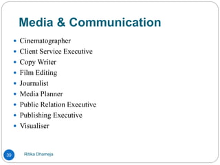 Media & Communication
Ritika Dhameja39
 Cinematographer
 Client Service Executive
 Copy Writer
 Film Editing
 Journalist
 Media Planner
 Public Relation Executive
 Publishing Executive
 Visualiser
 