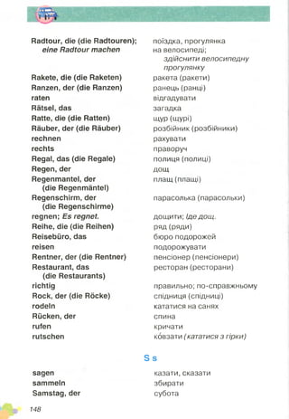 Radtour, die (die Radtouren);
eine Radtour machen
Rakete, die (die Raketen)
Ranzen, der (die Ranzen)
raten
Rätsel, das
Ratte, die (die Ratten)
Räuber, der (die Räuber)
rechnen
rechts
Regal, das (die Regale)
Regen, der
Regenmantel, der
(die Regenmäntel)
Regenschirm, der
(die Regenschirme)
regnen; Es regnet.
Reihe, die (die Reihen)
Reisebüro, das
reisen
Rentner, der (die Rentner)
Restaurant, das
(die Restaurants)
richtig
Rock, der (die Röcke)
rodeln
Rücken, der
rufen
rutschen
поїздка, прогулянка
на велосипеді;
здійснити велосипедну
прогулянку
ракета(ракети)
ранець (ранці)
відгадувати
загадка
щур (щурі)
розбійник (розбійники)
рахувати
праворуч
полиця (полиці)
дощ
плащ (плащі)
парасолька(парасольки)
дощити; Іде дощ.
ряд (ряди)
бюро подорожей
подорожувати
пенсіонер (пенсіонери)
ресторан (ресторани)
правильно; по-справжньому
спідниця (спідниці)
кататися на санях
спина
кричати
ковзати (кататися з гірки)
S s
sagen казати,сказати
sammeln збирати
Samstag, der субота
148
 
