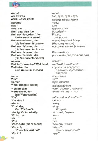 Wann?
war / waren
warm; Es ist warm.
Warum?
Was?
Weg, der
Weh, das; weh tun
Weihnachten, (das / die);
Frohe Weihnachten!
Weihnachtsbasar, der
(die Weihnachtsbasare)
Weihnachtsbaum, der
(die Weihnachtsbäume)
Weihnachtsmann, der
Weihnachtsmarkt, der
(die Weihnachtsmärkte)
weinen
Welche? / Welcher? Welches?
Weltreise, die;
eine Weltreise machen
wenn
Wer?
werden
Werk, das (die Werke)
Werken, (das)
Wettbewerb, der
(die Wettbewerbe)
Wie?
Wie viele?
wieder
Wind, der;
Der Wind weht.
windig; Es ist windig.
Winter, der
wir
Wo?
Woche, die (die Wochen)
Woher?;
Woher kommst du?
Wohin?
коли?
був, була, було / були
теплий, тепло; Тепло.
чому?
що?
дорога, шлях
біль; боліти
Різдво;
З Різдвом!
передріздвяний базар
(базари) (у школі)
новорічна ялинка (ялинки)
Різдвяний дід
різдвяний ярмарок (ярмарки)
плакати
яка? які? / який? яке?
кругосвітня подорож;
здійснити кругосвітню
подорож
коли, якщо
хто?
бути, ставати
завод (заводи)
урок трудового навчання
змагання (одн. і мн.)
як? який? яка? яке? які?
скільки?
знову
вітер;
Вітер віє.
вітряний; Вітряно.
зима
ми
де?
тиждень (тижні)
звідки?;
Звідки ти(родом)?
куди?
154
 