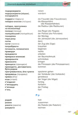 Ukrainisch-deutsches Wörterbuch
подорожувати
подорожувати (пішки),
мандрувати
подруга (подруги)
поїздка класом (поїздки)
поїздка, прогулянка
на велосипеді
полиця (полиці)
поліцейський (поліцейські)
понеділок
пора року
потім
потяг(потяги)
потребувати
починати, починатися
праворуч
працювати
прикраси ялинкові
прикрашати
приносити
принцеса(принцеси)
приходити, діставатися;
бути родом
прогулюватися; йти гуляти
продавець (продавці)
прямо (йти)
птах (птахи)
п’ятдесят
п’ятнадцять
п’ятниця
п’ять
reisen
wandern
die Freundin (die Freundinnen)
die Klassenfahrt
(die Klassenfahrten)
die Radtour (die Radtouren)
das Regal (die Regale)
der Polizist (die Polizisten)
der Montag
die Jahreszeit (die Jahreszeiten)
dann
der Zug (die Züge)
brauchen
beginnen
rechts
arbeiten
der Baumschmuck
schmücken
bringen
die Prinzessin (die Prinzessinnen)
kommen
spazieren gehen
der Verkäufer (die Verkäufer)
geradeaus
der Vogel (die Vögel)
fünfzig
fünfzehn
der Freitag
fünf
l
p p
радии
разом
ракета (ракети)
рахувати
froh
zusammen
die Rakete (die Raketen)
rechnen
167
 