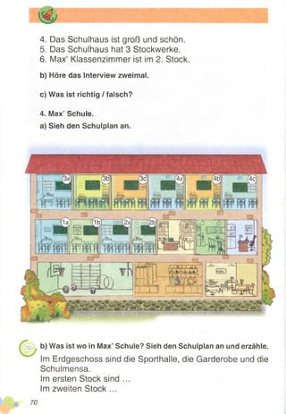 4. Das Schulhaus ist groß und schön.
5. Das Schulhaus hat 3 Stockwerke.
6. Max’ Klassenzimmer ist im 2. Stock.
b) Höre das Interview zweimal.
c) Was ist richtig / falsch?
4. Max’ Schule.
a) Sieh den Schulplan an.
b) Was ist wo in Max’ Schule? Sieh den Schulplan an und erzähle.
Im Erdgeschoss sind die Sporthalle, die Garderobe und die
Schulmensa.
Im ersten Stock sind ...
Im zweiten Stock ...
70
 