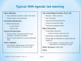 Neighbors-helping-Neighbors USA, Inc. Page 5
Typical NHN Agenda led meeting
Open Meeting
* New members complete contact info sheet
* Career Center announcements
Facilitator/Moderator
* Brief introduction
group mission
ground rules
Group Introductions
* Elevator Pitch: 30 second pitch by each
attendee (examples provided)
* Return to New Members for some additional
time
Status Updates
* All members update group on job search
efforts and progress for the past week
Job Leads/Opportunities (from all)
* Request / Share contacts
* Hot companies
* Upcoming Networking Events
* Lessons Learned this week
* Volunteering Opportunities
Open Discussion
* Group Open Discussion
Specific Calls for Help (from all)
* Share tips on tools like Linkedin
* Encourage all members to send email job
leads to :
John Fugazzie – Founder/Leader of NhN
organization for forwarding / sharing
Other Business (from all)
Close
 