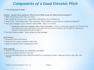 Neighbors-helping-Neighbors USA, Inc. Page 8
Components of a Good Elevator Pitch
* 15 to 30 seconds in length
Content - answers three questions: Who are you? What do you do? What are you looking for?
Begin and end your pitch with your name.
Don’t speak the way you write – sound like a real person, not an infomercial
What is your “value proposition”? Your expertise? What problem can you solve for a potential employer?
Focus your message on your listener's needs (WIFM - What’s in It for Me?)
 Turning your pitch into a question makes it more interesting.  If you’re a professional organizer, ask “You know that
pile of papers you’ve got somewhere in your house that you’ve been meaning to get through? As a professional
organizer, I help people finally get through it.”
Eliminate industry jargon – speak using every day language.
Environment
Be aware of your environment
Speak up if in a large crowded or noisy room,
Speak in a normal voice if talking-one-on-one
Body Language
Stand in a relaxed manner, act confidently, and SMILE!
Look your audience directly in the eyes
Try to avoid folding your arms (defensive posture) or clasping your hands - Keep your arms at your side, look
relaxed!
 