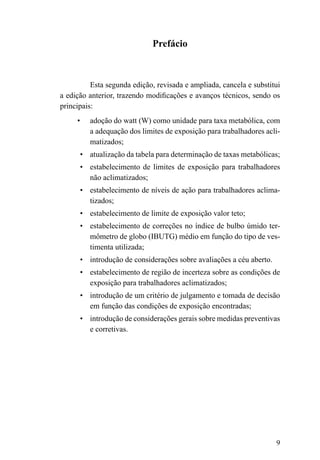 Prefácio
Esta segunda edição, revisada e ampliada, cancela e substitui
a edição anterior, trazendo modificações e avanços técnicos, sendo os
principais:
• adoção do watt (W) como unidade para taxa metabólica, com
a adequação dos limites de exposição para trabalhadores acli-
matizados;
• atualização da tabela para determinação de taxas metabólicas;
• estabelecimento de limites de exposição para trabalhadores
não aclimatizados;
• estabelecimento de níveis de ação para trabalhadores aclima-
tizados;
• estabelecimento de limite de exposição valor teto;
• estabelecimento de correções no índice de bulbo úmido ter-
mômetro de globo (IBUTG) médio em função do tipo de ves-
timenta utilizada;
• introdução de considerações sobre avaliações a céu aberto.
• estabelecimento de região de incerteza sobre as condições de
exposição para trabalhadores aclimatizados;
• introdução de um critério de julgamento e tomada de decisão
em função das condições de exposição encontradas;
• introdução de considerações gerais sobre medidas preventivas
e corretivas.
9
 