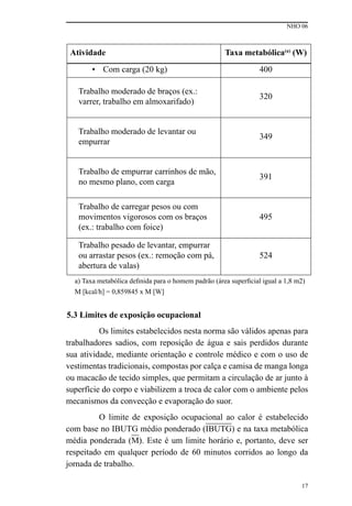 NHO 06
17
Atividade Taxa metabólica(a)
(W)
• Com carga (20 kg) 400
Trabalho moderado de braços (ex.:
varrer, trabalho em almoxarifado)
320
Trabalho moderado de levantar ou
empurrar
349
Trabalho de empurrar carrinhos de mão,
no mesmo plano, com carga
391
Trabalho de carregar pesos ou com
movimentos vigorosos com os braços
(ex.: trabalho com foice)
495
Trabalho pesado de levantar, empurrar
ou arrastar pesos (ex.: remoção com pá,
abertura de valas)
524
a) Taxa metabólica definida para o homem padrão (área superficial igual a 1,8 m2)
M [kcal/h] = 0,859845 x M [W]
5.3 Limites de exposição ocupacional
Os limites estabelecidos nesta norma são válidos apenas para
trabalhadores sadios, com reposição de água e sais perdidos durante
sua atividade, mediante orientação e controle médico e com o uso de
vestimentas tradicionais, compostas por calça e camisa de manga longa
ou macacão de tecido simples, que permitam a circulação de ar junto à
superfície do corpo e viabilizem a troca de calor com o ambiente pelos
mecanismos da convecção e evaporação do suor.
O limite de exposição ocupacional ao calor é estabelecido
com base no IBUTG médio ponderado (IBUTG) e na taxa metabólica
média ponderada (M). Este é um limite horário e, portanto, deve ser
respeitado em qualquer período de 60 minutos corridos ao longo da
jornada de trabalho.
 