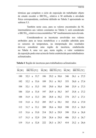 NHO 06
39
térmicas que compõem o ciclo de exposição do trabalhador objeto
de estudo exceder o IBUTGVT
relativo à M atribuída à atividade
física correspondente, conforme definido no Tabela 3 apresentado no
subitem 5.3.
Também neste caso, para os valores encontrados de M,
intermediários aos valores constantes no Tabela 3, será considerado
o IBUTGVT
relativo à taxa metabólica “M” imediatamente mais elevada.
Considerando-se as incertezas envolvidas nos valores
atribuídos para as taxas metabólicas e a exatidão admitida para
os sensores de temperatura, na interpretação dos resultados
deve-se considerar uma região de incerteza, estabelecida
no Tabela 4, uma vez que, nesta região, o valor verdadeiro
da exposição pode estar acima do limite estabelecido para trabalhadores
aclimatizados.
Tabela 4 Região de incertezas para trabalhadores aclimatizados
M [W] IBUTG [0
C] M [W] IBUTG [0
C] M [W] IBUTG [0
C]
100 32,3 a 33,7 186 29,2 a 30,6 346 26,1 a 27,5
102 32,2 a 33,6 189 29,1 a 30,5 353 26,0 a 27,4
104 32,1 a 33,5 193 29,0 a 30,4 360 25,9 a 27,3
106 32,0 a 33,4 197 28,9 a 30,3 367 25,8 a 27,2
108 31,9 a 33,3 201 28,8 a 30,2 374 25,7 a 27,1
110 31,8 a 33,2 205 28,7 a 30,1 382 25,6 a 27,0
112 31,7 a 33,1 209 28,6 a 30,0 390 25,5 a 26,9
115 31,6 a 33,0 214 28,5 a 29,9 398 25,4 a 26,8
117 31,5 a 32,9 218 28,4 a 29,8 406 25,3 a 26,7
119 31,4 a 32,8 222 28,3 a 29,7 414 25,2 a 26,6
 