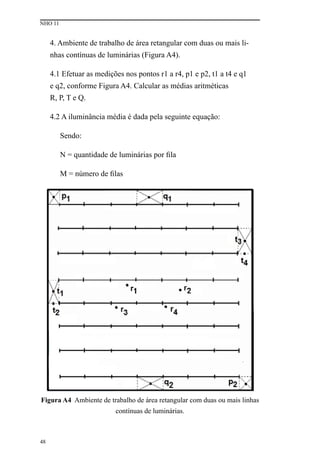 NHO 11
48
4. Ambiente de trabalho de área retangular com duas ou mais li-
nhas contínuas de luminárias (Figura A4).
4.1 Efetuar as medições nos pontos r1 a r4, p1 e p2, t1 a t4 e q1
e q2, conforme Figura A4. Calcular as médias aritméticas
R, P, T e Q.
4.2 A iluminância média é dada pela seguinte equação:
Sendo:
N = quantidade de luminárias por fila
M = número de filas
Figura A4 Ambiente de trabalho de área retangular com duas ou mais linhas
contínuas de luminárias.
 