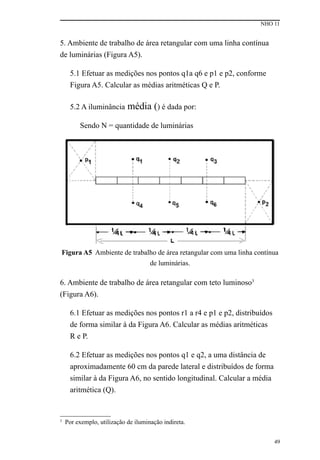 NHO 11
49
5. Ambiente de trabalho de área retangular com uma linha contínua
de luminárias (Figura A5).
5.1 Efetuar as medições nos pontos q1a q6 e p1 e p2, conforme
Figura A5. Calcular as médias aritméticas Q e P.
5.2 A iluminância média () é dada por:
Sendo N = quantidade de luminárias
Figura A5 Ambiente de trabalho de área retangular com uma linha contínua
de luminárias.
6. Ambiente de trabalho de área retangular com teto luminoso3
(Figura A6).
6.1 Efetuar as medições nos pontos r1 a r4 e p1 e p2, distribuídos
de forma similar à da Figura A6. Calcular as médias aritméticas
R e P.
6.2 Efetuar as medições nos pontos q1 e q2, a uma distância de
aproximadamente 60 cm da parede lateral e distribuídos de forma
similar à da Figura A6, no sentido longitudinal. Calcular a média
aritmética (Q).
3
Por exemplo, utilização de iluminação indireta.
 