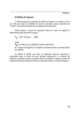 _________________________________________________________
                                                   NHO 01
      5.2 Ruído de impacto

       A determinação da exposição ao ruído de impacto ou impulsivo deve
ser feita por meio de medidor de nível de pressão sonora operando em
"Linear" e circuito de resposta para medição de nível de pico.

      Neste critério o limite de exposição diária ao ruído de impacto é
determinado pela expressão a seguir:

      Np = 160 - 10 Log n      [dB]

      onde:
      Np=nível de pico, em dB(Lin), máximo admissível
      n = número de impactos ou impulsos ocorridos durante a jornada diária
      de trabalho

       A Tabela 2, obtida com base na expressão anterior, apresenta a
correlação entre os níveis de pico máximo admissíveis e o número de
impactos ocorridos durante a jornada diária de trabalho, extraída a partir da
expressão de determinação do limite de exposição diária ao ruído de impacto.




                                                                          20
 