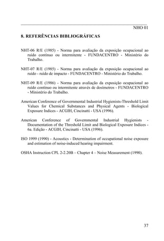 _________________________________________________________
                                                   NHO 01
8. REFERÊNCIAS BIBLIOGRÁFICAS


NHT-06 R/E (1985) - Norma para avaliação da exposição ocupacional ao
  ruído contínuo ou intermitente - FUNDACENTRO - Ministério do
  Trabalho.

NHT-07 R/E (1985) - Norma para avaliação da exposição ocupacional ao
  ruído - ruído de impacto - FUNDACENTRO - Ministério do Trabalho.

NHT-09 R/E (1986) - Norma para avaliação da exposição ocupacional ao
  ruído contínuo ou intermitente através de dosímetros - FUNDACENTRO
  - Ministério do Trabalho.

American Conference of Governmental Industrial Hygienists-Threshold Limit
  Values for Chemical Substances and Physical Agents - Biological
  Exposure Indices - ACGIH, Cincinatti - USA (1996).

American Conference of Governmental Industrial Hygienists -
  Documentation of the Threshold Limit and Biological Exposure Indices -
  6a. Edição - ACGIH, Cincinatti - USA (1996).

ISO 1999 (1990) - Acoustics - Determination of occupational noise exposure
   and estimation of noise-induced hearing impairment.

OSHA Instruction CPL 2-2.20B – Chapter 4 – Noise Measurement (1990).




                                                                       37
 