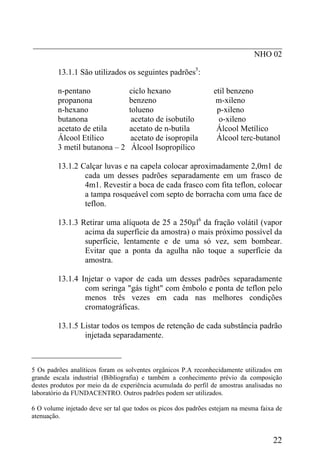 _____________________________________________________________
NHO 02
13.1.1 São utilizados os seguintes padrões5
:
n-pentano ciclo hexano etil benzeno
propanona benzeno m-xileno
n-hexano tolueno p-xileno
butanona acetato de isobutilo o-xileno
acetato de etila acetato de n-butila Álcool Metílico
Álcool Etílico acetato de isopropila Álcool terc-butanol
3 metil butanona – 2 Álcool Isopropílico
13.1.2 Calçar luvas e na capela colocar aproximadamente 2,0m1 de
cada um desses padrões separadamente em um frasco de
4m1. Revestir a boca de cada frasco com fita teflon, colocar
a tampa rosqueável com septo de borracha com uma face de
teflon.
13.1.3 Retirar uma alíquota de 25 a 250µl6
da fração volátil (vapor
acima da superfície da amostra) o mais próximo possível da
superfície, lentamente e de uma só vez, sem bombear.
Evitar que a ponta da agulha não toque a superfície da
amostra.
13.1.4 Injetar o vapor de cada um desses padrões separadamente
com seringa "gás tight" com êmbolo e ponta de teflon pelo
menos três vezes em cada nas melhores condições
cromatográficas.
13.1.5 Listar todos os tempos de retenção de cada substância padrão
injetada separadamente.
______________________
5 Os padrões analíticos foram os solventes orgânicos P.A reconhecidamente utilizados em
grande escala industrial (Bibliografia) e também a conhecimento prévio da composição
destes produtos por meio da de experiência acumulada do perfil de amostras analisadas no
laboratório da FUNDACENTRO. Outros padrões podem ser utilizados.
6 O volume injetado deve ser tal que todos os picos dos padrões estejam na mesma faixa de
atenuação.
22
 