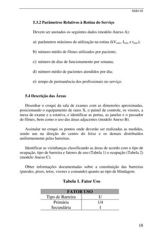 NHO 05
5.3.2 Parâmetros Relativos à Rotina do Serviço
Devem ser anotados os seguintes dados (modelo Anexo A):
a) parâmetros máximos de utilização na rotina (kVmáx, Imáx e tmáx);
b) número médio de filmes utilizados por paciente;
c) número de dias de funcionamento por semana;
d) número médio de pacientes atendidos por dia;
e) tempo de permanência dos profissionais no serviço.
5.4 Descrição das Áreas
Desenhar o croqui da sala de exames com as dimensões aproximadas,
posicionando o equipamento de raios X, o painel de controle, os visores, a
mesa de exame e a estativa, e identificar as portas, as janelas e o passador
de filmes, bem como o uso das áreas adjacentes (modelo Anexo B).
Assinalar no croqui os pontos onde deverão ser realizadas as medidas,
sendo um na direção do centro do feixe e os demais distribuídos
uniformemente pelas barreiras.
Identificar as vizinhanças classificando as áreas de acordo com o tipo de
ocupação, tipo de barreira e fatores de uso (Tabela 1) e ocupação (Tabela 2)
(modelo Anexo C).
Obter informações documentadas sobre a constituição das barreiras
(paredes, pisos, tetos, visores e comando) quanto ao tipo de blindagem.
Tabela 1. Fator Uso
FATOR USO
Tipo de Barreira U
Primária 1/4
Secundária 1
18
 