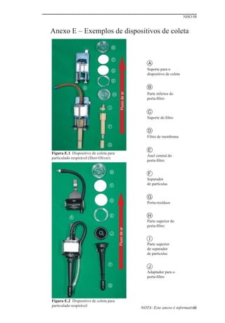 NHO 08
35
Anexo E – Exemplos de dispositivos de coleta
Figura E.2 Dispositivo de coleta para
particulado respirável
Figura E.1 Dispositivo de coleta para
particulado respirável (Dorr-Oliver)
A
Suporte para o
dispositivo de coleta
Separador
de partículas
Porta-resíduos
Parte superior do
porta-ﬁltro
Parte superior
do separador
de partículas
Adaptador para o
porta-ﬁltro
Parte inferior do
porta-ﬁltro
B
Suporte do ﬁltro
C
Filtro de membrana
D
Anel central do
porta-ﬁltro
E
F
G
H
I
J
NOTA: Este anexo é informativo.
A
B
C
D
E
H
I
F
G
Fluxo
de
ar
Fluxo
de
ar
B
C
D
E
J
F
A
G
 