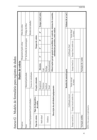 NHO 08
41
Anexo
G
–
Modelo
de
formulário
para
registro
de
dados
Dados
de
coleta
Empresa
Responsável
pela
coleta
Data
da
coleta
Setor
Material
particulado
N°
da
bomba
de
amostragem
Código
do
ﬁ
ltro
Atividade/Equipamento/Local
avaliados
Nome
do
trabalhador
Horário
de
trabalho
Tipo
de
coleta
Tipo
do
dispositivo
de
coleta
Fração
coletada
Tempo
de
coleta
Individual
Respirável
Horário
1º
2º
3º
4º
Tempo
total
(min)
Torácica
Liga
Estática
Inalável
Desliga
Total
Subtotal(min)
Descrição
da
atividade/equipamento
Observações
gerais
quanto
às
medidas
de
controle,
sistema
de
exaustão,
substâncias
presentes,
entre
outras
Bomba
de
amostragem
Volume
de
ar
(m
3
)
Calibração
inicial
Calibração
ﬁ
nal
Tempo
inicial
(s)
Tempo
inicial
médio
(s)
Vazão
inicial
(L/min)
Tempo
ﬁ
nal
(s)
Tempo
ﬁ
nal
médio
(s)
Vazão
ﬁ
nal
(L/min)
Variação
média:
Variação
da
vazão:
NOTA:
Este
anexo
é
informativo.
 