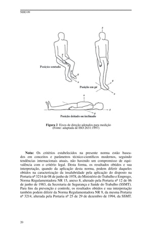 NHO 09
20
Figura 2 Eixos de direção adotados para medição
(Fonte: adaptada de ISO 2631:1997)
Nota: Os critérios estabelecidos na presente norma estão basea-
dos em conceitos e parâmetros técnico-científicos modernos, seguindo
tendências internacionais atuais, não havendo um compromisso de equi-
valência com o critério legal. Desta forma, os resultados obtidos e sua
interpretação, quando da aplicação desta norma, podem diferir daqueles
obtidos na caracterização da insalubridade pela aplicação do disposto na
Portaria nº 3214 de 08 de junho de 1978, do Ministério do Trabalho e Emprego,
Norma Regulamentadora NR 15, anexo 8, alterado pela Portaria nº 12 de 06
de junho de 1983, da Secretaria de Segurança e Saúde do Trabalho (SSMT).
Para fins da prevenção e controle, os resultados obtidos e sua interpretação
também podem diferir da Norma Regulamentadora NR 9, da mesma Portaria
nº 3214, alterada pela Portaria nº 25 de 29 de dezembro de 1994, da SSMT.
 