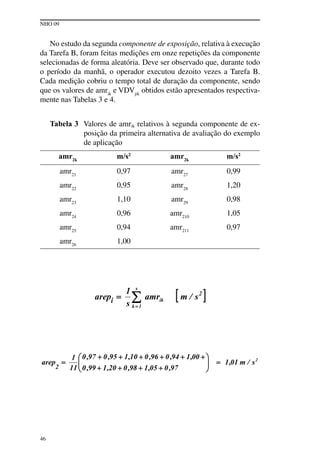 NHO 09
46
No estudo da segunda componente de exposição, relativa à execução
da Tarefa B, foram feitas medições em onze repetições da componente
selecionadas de forma aleatória. Deve ser observado que, durante todo
o período da manhã, o operador executou dezoito vezes a Tarefa B.
Cada medição cobriu o tempo total de duração da componente, sendo
que os valores de amrik
e VDVjik
obtidos estão apresentados respectiva-
mente nas Tabelas 3 e 4.
Tabela 3 Valores de amrik relativos à segunda componente de ex-
posição da primeira alternativa de avaliação do exemplo
de aplicação
amr2k
m/s2
amr2k
m/s2
amr21
0,97 amr27
0,99
amr22
0,95 amr28
1,20
amr23
1,10 amr29
0,98
amr24
0,96 amr210
1,05
amr25
0,94 amr211
0,97
amr26
1,00
 
