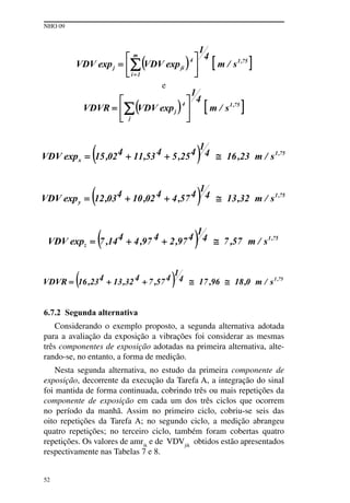 NHO 09
52
e
6.7.2 Segunda alternativa
Considerando o exemplo proposto, a segunda alternativa adotada
para a avaliação da exposição a vibrações foi considerar as mesmas
três componentes de exposição adotadas na primeira alternativa, alte-
rando-se, no entanto, a forma de medição.
Nesta segunda alternativa, no estudo da primeira componente de
exposição, decorrente da execução da Tarefa A, a integração do sinal
foi mantida de forma continuada, cobrindo três ou mais repetições da
componente de exposição em cada um dos três ciclos que ocorrem
no período da manhã. Assim no primeiro ciclo, cobriu-se seis das
oito repetições da Tarefa A; no segundo ciclo, a medição abrangeu
quatro repetições; no terceiro ciclo, também foram cobertas quatro
repetições. Os valores de amrik
e de VDVjik
obtidos estão apresentados
respectivamente nas Tabelas 7 e 8.
 