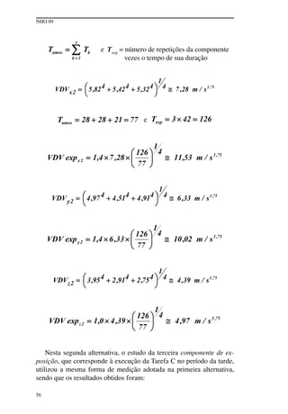 NHO 09
56
e Texp
= número de repetições da componente
vezes o tempo de sua duração
e
Nesta segunda alternativa, o estudo da terceira componente de ex-
posição, que corresponde à execução da Tarefa C no período da tarde,
utilizou a mesma forma de medição adotada na primeira alternativa,
sendo que os resultados obtidos foram:
 