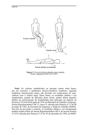 NHO 09
20
Figura 2 Eixos de direção adotados para medição
(Fonte: adaptada de ISO 2631:1997)
Nota: Os critérios estabelecidos na presente norma estão basea-
dos em conceitos e parâmetros técnico-científicos modernos, seguindo
tendências internacionais atuais, não havendo um compromisso de equi-
valência com o critério legal. Desta forma, os resultados obtidos e sua
interpretação, quando da aplicação desta norma, podem diferir daqueles
obtidos na caracterização da insalubridade pela aplicação do disposto na
Portaria nº 3214 de 08 de junho de 1978, do Ministério do Trabalho e Emprego,
Norma Regulamentadora NR 15, anexo 8, alterado pela Portaria nº 12 de 06
de junho de 1983, da Secretaria de Segurança e Saúde do Trabalho (SSMT).
Para fins da prevenção e controle, os resultados obtidos e sua interpretação
também podem diferir da Norma Regulamentadora NR 9, da mesma Portaria
nº 3214, alterada pela Portaria nº 25 de 29 de dezembro de 1994, da SSMT.
 