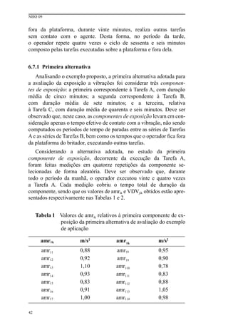 NHO 09
42
fora da plataforma, durante vinte minutos, realiza outras tarefas
sem contato com o agente. Desta forma, no período da tarde,
o operador repete quatro vezes o ciclo de sessenta e seis minutos
composto pelas tarefas executadas sobre a plataforma e fora dela.
6.7.1 Primeira alternativa
Analisando o exemplo proposto, a primeira alternativa adotada para
a avaliação da exposição a vibrações foi considerar três componen-
tes de exposição: a primeira correspondente à Tarefa A, com duração
média de cinco minutos; a segunda correspondente à Tarefa B,
com duração média de sete minutos; e a terceira, relativa
à Tarefa C, com duração média de quarenta e seis minutos. Deve ser
observado que, neste caso, as componentes de exposição levam em con-
sideração apenas o tempo efetivo de contato com a vibração, não sendo
computados os períodos de tempo de paradas entre as séries de Tarefas
A e as séries de Tarefas B, bem como os tempos que o operador fica fora
da plataforma do britador, executando outras tarefas.
Considerando a alternativa adotada, no estudo da primeira
componente de exposição, decorrente da execução da Tarefa A,
foram feitas medições em quatorze repetições da componente se-
lecionadas de forma aleatória. Deve ser observado que, durante
todo o período da manhã, o operador executou vinte e quatro vezes
a Tarefa A. Cada medição cobriu o tempo total de duração da
componente, sendo que os valores de amrik e VDVjik obtidos estão apre-
sentados respectivamente nas Tabelas 1 e 2.
Tabela 1 Valores de amrik relativos à primeira componente de ex-
posição da primeira alternativa de avaliação do exemplo
de aplicação
amr1k m/s2
amr1k
m/s2
amr11 0,88 amr18 0,95
amr12 0,92 amr19 0,90
amr13 1,10 amr110 0,78
amr14 0,93 amr111 0,83
amr15 0,83 amr112 0,88
amr16 0,91 amr113 1,05
amr17 1,00 amr114 0,98
 