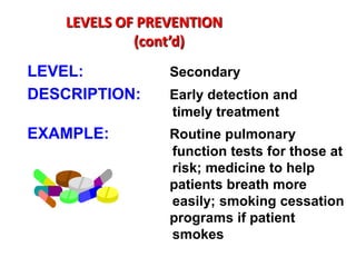 LEVELS OF PREVENTION
             (cont’d)
LEVEL:           Secondary
DESCRIPTION:     Early detection and
                 timely treatment
EXAMPLE:         Routine pulmonary
                 function tests for those at
                 risk; medicine to help
                 patients breath more
                 easily; smoking cessation
                 programs if patient
                 smokes
 