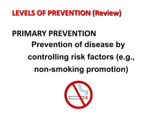 LEVELS OF PREVENTION (Review)

PRIMARY PREVENTION
     Prevention of disease by
    controlling risk factors (e.g.,
     non-smoking promotion)
 