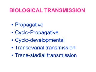 BIOLOGICAL TRANSMISSION

•   Propagative
•   Cyclo-Propagative
•   Cyclo-developmental
•   Transovarial transmission
•   Trans-stadial transmission
 