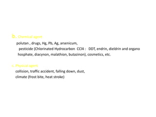 b. Chemical agent
   polutan , drugs, Hg, Pb, Ag, arsenicum,
    pesticide (Chlorinated Hydrocarbon CCl4 : DDT, endrin, dieldrin and organo
    hosphate, diacynon, malathion, butazinon), cosmetics, etc.

c. Physical agent
   collision, traffic accident, falling down, dust,
   climate (frost bite, heat stroke)
 
