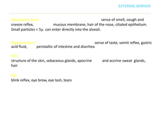 EXTERNAL BARRIER


Respiratory tract                                         sense of smell, cough and
sneeze reflex,            mucous membrane, hair of the nose, ciliated epithelium.
Small particles < 5 can enter directly into the alveoli.


Digestive tract                                      sense of taste, vomit reflex, gastric
acid fluid,     peristaltic of intestine and diarrhea

Skin
structure of the skin, sebaceous glands, apocrine         and accrine sweat glands,
hair

Eye
blink reflex, eye brow, eye lash, tears
 