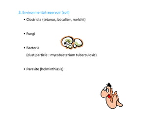 3. Environmental reservoir (soil)
   • Clostridia (tetanus, botulism, welchii)


   • Fungi


   • Bacteria
     (dust particle : mycobacterium tuberculosis)


   • Parasite (helminthiasis)
 