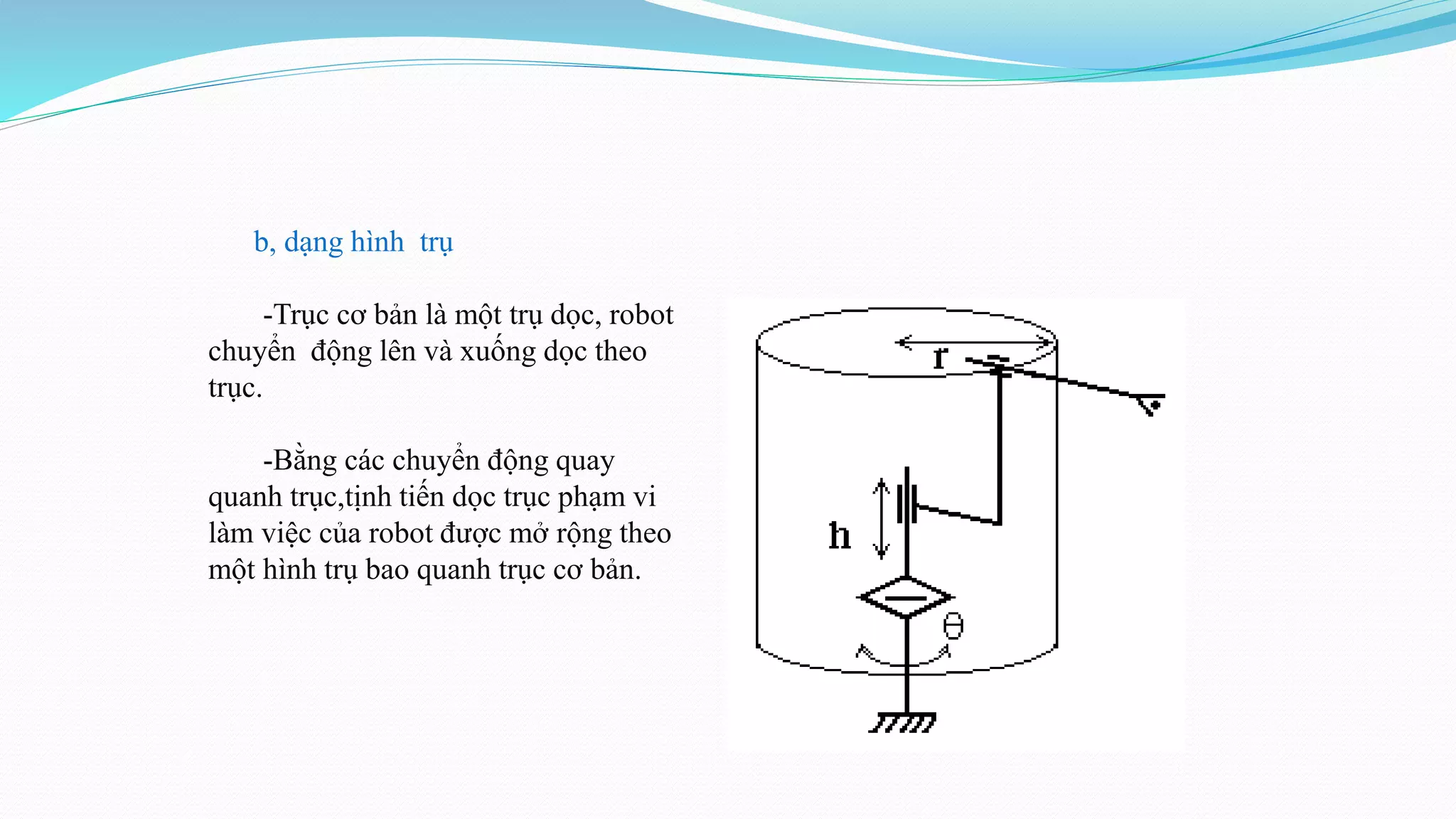b, dạng hình trụ
-Trục cơ bản là một trụ dọc, robot
chuyển động lên và xuống dọc theo
trục.
-Bằng các chuyển động quay
quanh trục,tịnh tiến dọc trục phạm vi
làm việc của robot được mở rộng theo
một hình trụ bao quanh trục cơ bản.
 