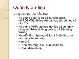 Quản lý dữ liệu


Hệ dữ liệu có cấu trúc







Hệ thống quản lý cơ sở dữ liệu quan
hệ(RDBMS): để lưu trữ và thao tác dữ liệu có
cấu trúc.
Hệ thống MPP: tập hợp dữ liệu đồ sộ ngày
càng lớn thêm và tăng cường dữ liệu tăng
trưởng.
Kho dữ liệu: tập hợp và lưu trữ dữ liệu cho
các báo cáo sau này.
Hạn chế
 Khó mở rộng, hiệu suất chậm lại.
 Biểu diễn dữ liệu
14

 
