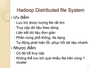 Hadoop Distributed file System


Ưu điểm
◦
◦
◦
◦
◦



Lưu trữ được lượng file rất lớn
Truy cập dữ liệu theo dòng
Liên kết dữ liệu đơn giản
Phần cứng phổ thông, đa dạng
Tự động phát hiện lỗi, phục hồi dữ liệu nhanh

Nhược điểm
◦ Có độ trễ truy cập
◦ Không thể lưu trữ quá nhiều file trên cùng 1
cluster
30

 