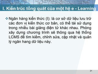 I. Kiến trúc tổng quát của một hệ e - Learning 
Ngân hàng kiến thức (I): là cơ sở dữ liệu lưu trữ 
các đơn vị kiến thức cơ bản, có thể tái sử dụng 
trong nhiều bài giảng điện tử khác nhau. Phòng 
xây dựng chương trình sẽ thông qua hệ thống 
LCMS để tìm kiếm, chỉnh sửa, cập nhật và quản 
lý ngân hang dữ liệu này. 
21 
 