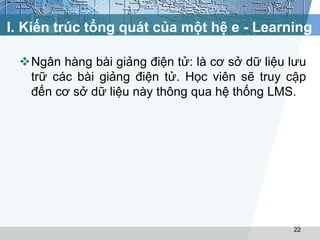 I. Kiến trúc tổng quát của một hệ e - Learning 
Ngân hàng bài giảng điện tử: là cơ sở dữ liệu lưu 
trữ các bài giảng điện tử. Học viên sẽ truy cập 
đến cơ sở dữ liệu này thông qua hệ thống LMS. 
22 
 