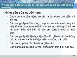 IV. Khảo sát và đặc tả yêu cầu đối với ngữ cảnh cụ thể của một trường 
phổ thông 
Nhu cầu của người học: 
 Chưa có nhu cầu, động cơ chỉ là đạt được 2.0 điểm để 
lên lớp. 
 Cần cung cấp môi trường: do phần lớn các em không có 
máy tính ở nhà, ra ngoài thì một số nơi không có hỗ trợ 
hệ soạn thảo văn bản và các em cũng không có thời 
gian. 
 Cần cung cấp tài liệu học tập đầy đủ: giáo trình, hệ thống 
bài tập – thực hành, bài tập mẫu - hướng dẫn giải. 
 Cần có sự phản hồi nhanh từ giáo viên 
 Cần đánh giá thường xuyên: nhắc nhở làm bài, học bài. 
58 
 