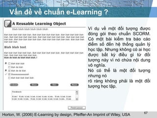 Vấn đề về chuẩn e-Learning ? 
Ví dụ về một đối tượng được 
đóng gói theo chuẩn SCORM. 
Có một bài kiểm tra báo cáo 
điểm số đến hệ thống quản lý 
học tập. Nhưng không có ai học 
được bất kỳ điều gì từ đối 
tượng này vì nó chứa nội dung 
vô nghĩa. 
Nó có thể là một đối tượng 
nhưng nó 
rõ ràng không phải là một đối 
tượng học tập. 
67 
Horton, W. (2006) E-Learning by design, Pfeiffer-An Imprint of Wiley, USA 
 