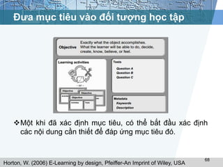 Đưa mục tiêu vào đối tượng học tập 
Một khi đã xác định mục tiêu, có thể bắt đầu xác định 
68 
các nội dung cần thiết để đáp ứng mục tiêu đó. 
Horton, W. (2006) E-Learning by design, Pfeiffer-An Imprint of Wiley, USA 
 