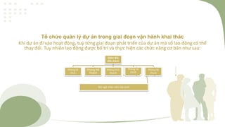 Tổ chức quản lý dự án trong giai đoạn vận hành khai thác
Khi dự án đi vào hoạt động, tuỳ từng giai đoạn phát triển của dự án mà số lao động có thể
thay đổi. Tuy nhiên lao động được bố trí và thực hiện các chức năng cơ bản như sau:
Giám đốc
điều hành
Phòng tổ
chức
Phòng Kế
Hoạch
Phòng kinh
doanh
Phòng tài
chính
Phòng kỹ
thuật
Đội ngũ nhân viên cấp dưới
 